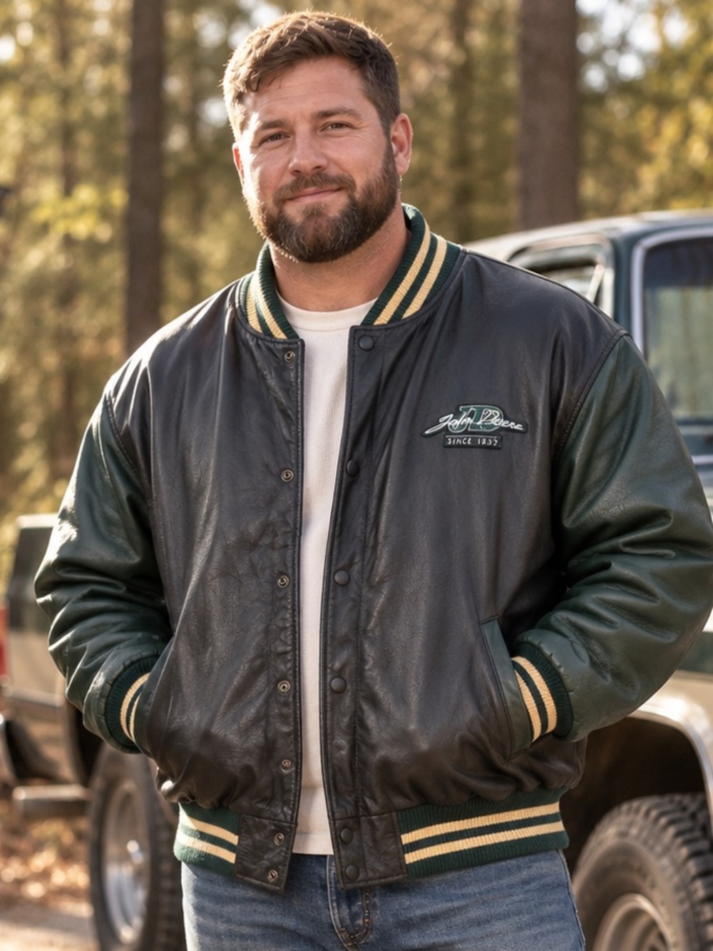 RARE John Deere Leather Varsity Bomber Jacket Retro Streetwear Rodeo Ranch 3XL